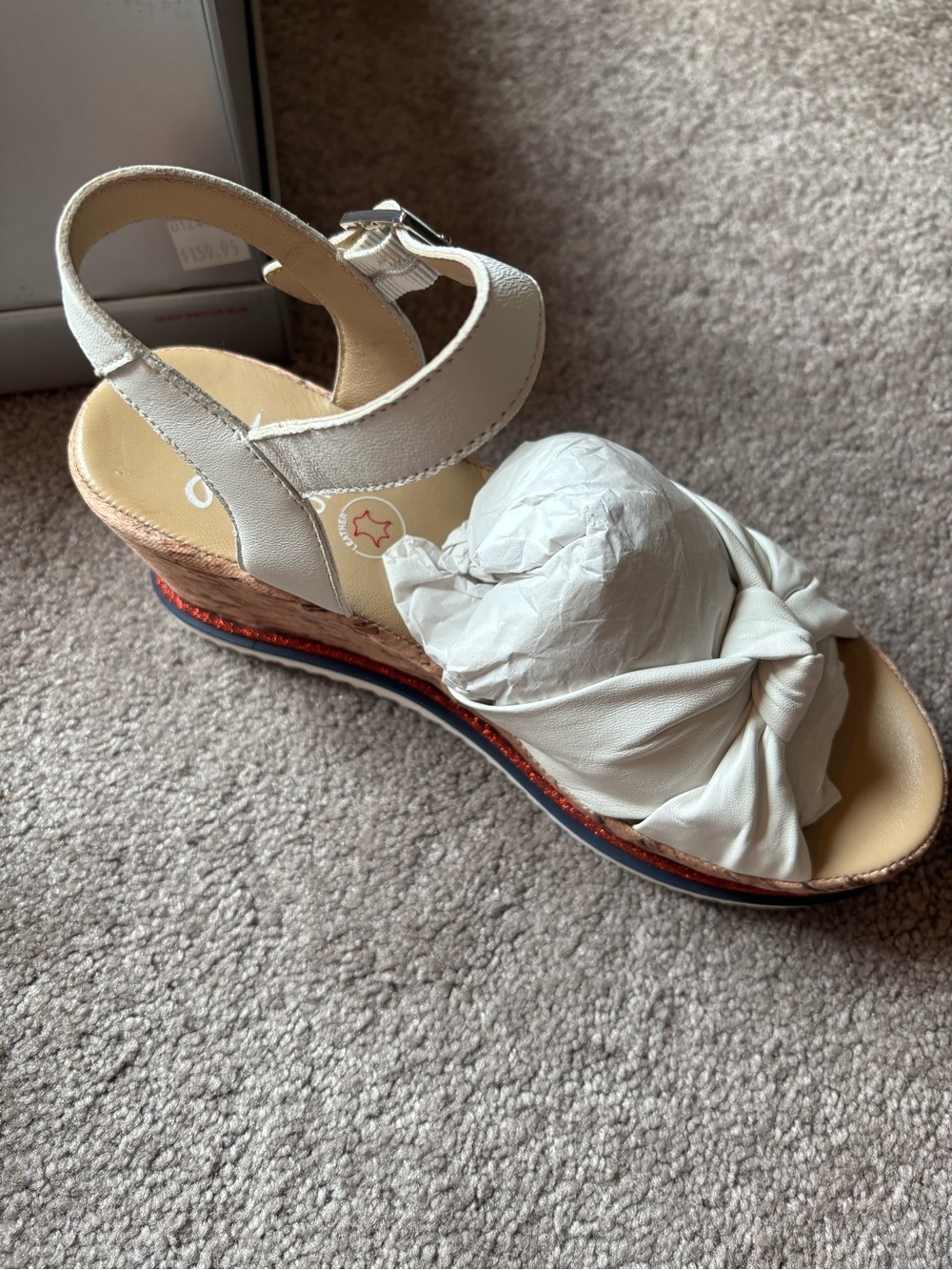 ARA WOMEN’s White Leather Wedge Sandal with Knot Detail, Red and Blue trim 36